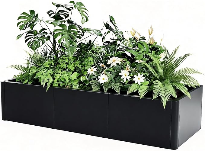 IDEALHOUSE 54x20 Metal Planter Box with Drainage Holes &amp Rounded Corners – Modern Heavy Duty Steel Raised Garden Bed with Snap-On Assembly for Patio Gardening &amp Balcony