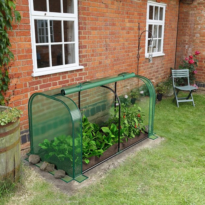 Giantex Raised Garden Bed with Cover Wood Elevated Planter Box with Legs &amp Mini Greenhouse Waterproof Sun-Protective PE Green House Cover Outdoor Use for Fruit Vegetable Flower Herb (Green+Gray
