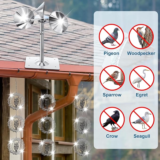 14 Pcs Bird Scare Reflective Device Set Bird Spinning Deterrents for Pigeon Woodpeckers Hanging Discs Owl Wind Spinner Scare Reflectors Owl Repels Device for Outdoor Outside Garden Roof