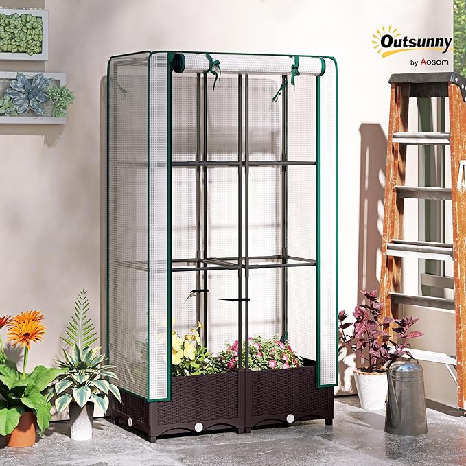 Outsunny Plastic Raised Garden Bed with Trellis Outdoor Planter Box with PE Greenhouse Cover Drainage Holes and Zipper Door for Climbing Plants Herbs and Vegetables 31.5 x 15.7 x 48.8 Brown