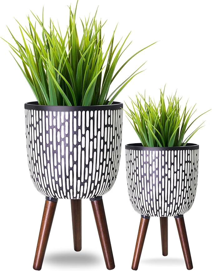 2 Set Plant Pot with Stand 10 &amp 12 inches Mid-Century Large Planter with Legs for Indoor Plants Boho Print Standing Plant Pot with Drainage Plug for Monstera Herb Succulent Flower Pot