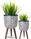 2 Set Plant Pot with Stand 10 &amp 12 inches Mid-Century Large Planter with Legs for Indoor Plants Boho Print Standing Plant Pot with Drainage Plug for Monstera Herb Succulent Flower Pot