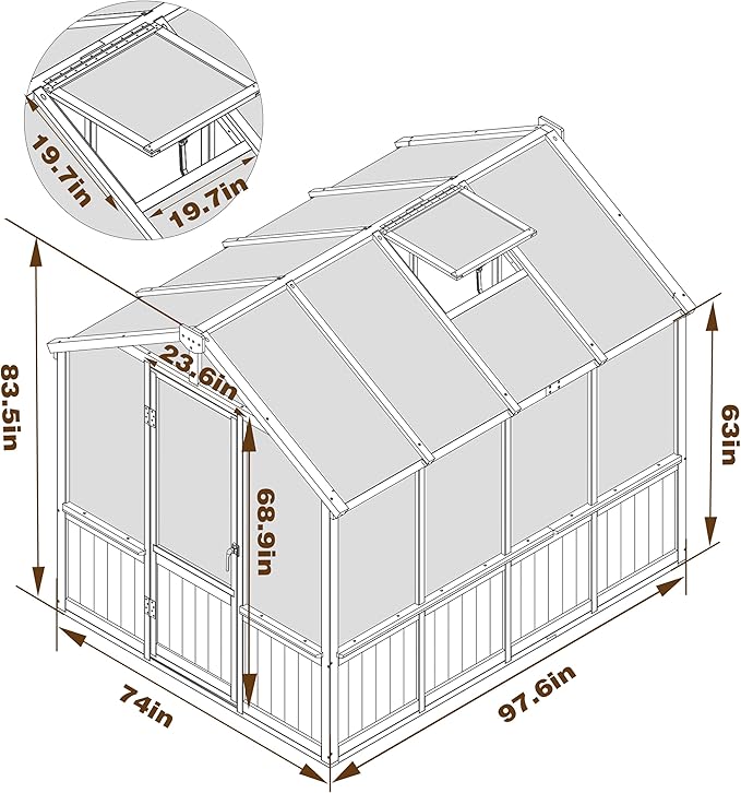 Mupater 6 x 8 FT Wooden Polycarbonate Greenhouse with Ventilated Window and Lockable Door Walk-in Greenhouse for Backyard Patio Lawn Brown
