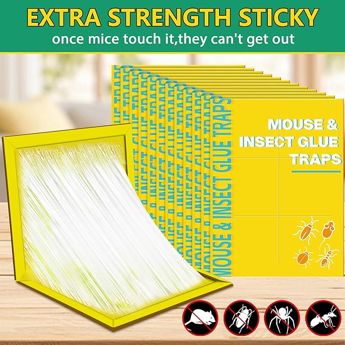 24 Pack Sticky Mouse Traps Sticky Traps for Rats Mice Rodents Snakes No Touch Indoor Mouse Traps for Home Kitchen Garage Attic Basements Easy to Set Yellow