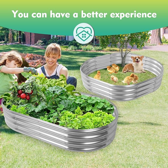 5X2.7X1 FT Oval Galvanized Metal Garden Raised Bed/Plant Box for Planting32 Inches Diameter Iron Fire Pit RingSmall Animal Fence-3 in 1 Modular Design in Black (Silver 60X32X11.5 Inches)