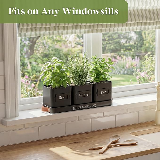 PERFNIQUE Indoor Herb Garden Herb Planter Set with Tray Farmhouse Indoor Plant Pots Windowsill Herb Garden with Drainage(Planter only) for Indoor/Outdoor Window Pots(Matte Black)