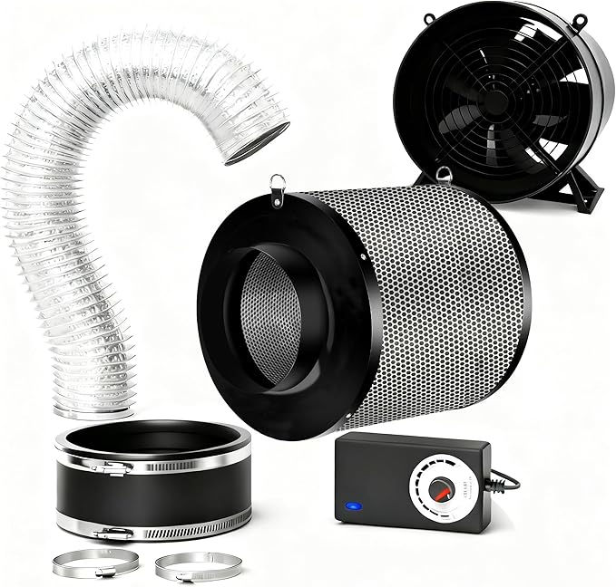 MELONFARM Air Filtration Kit 6 260 CFM Inline Duct Fan with Speed Controller 8 High Carbon Filter 8 Ft Ducting &amp Rubber Coupler Air Cooling and Filtration Kit for Grow Tent Hydroponics