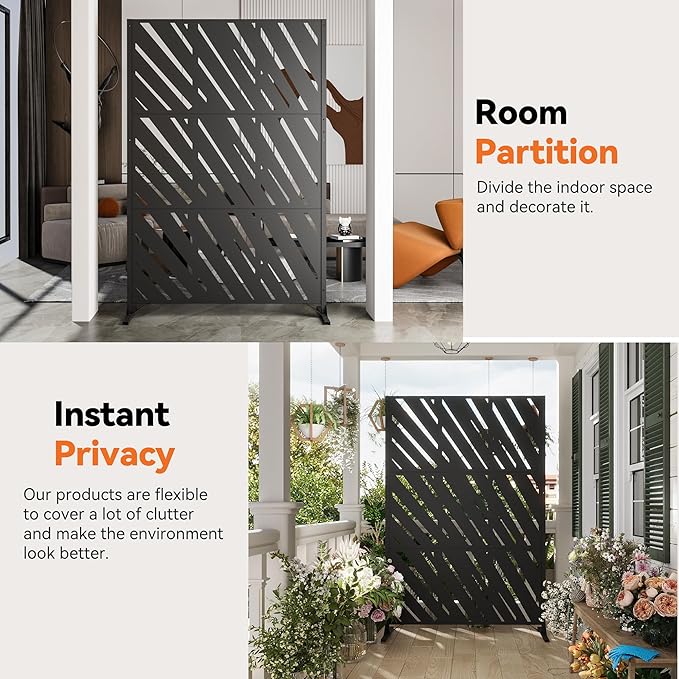 Modern Shade 4x6 FT Metal Privacy Screen with Artistic Modular Designs Decorative Patio Privacy Fence &amp Garden Divider Freestanding Outdoor Metal Fence Panel Weather-Resistant (Slant Linea)