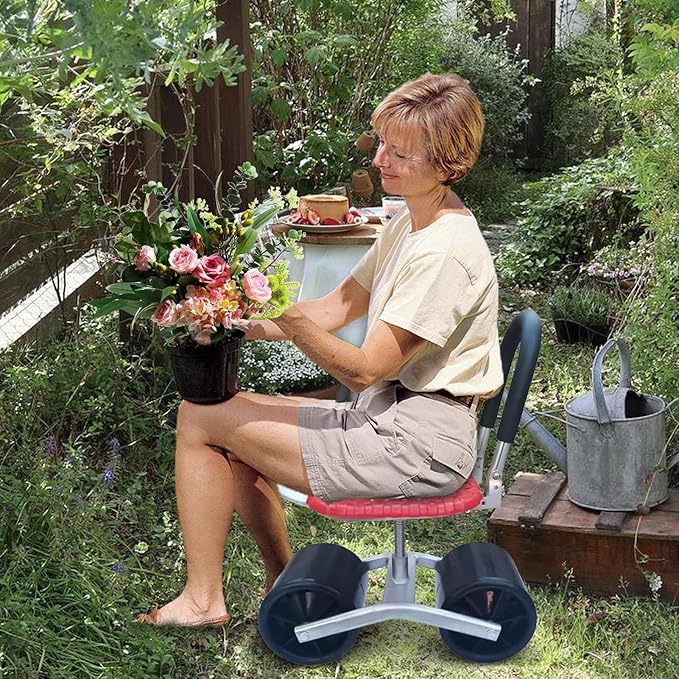 Swivel Garden Stool - Adjustable Height Rolling Seat with Wheels Mobile Harvesting Cart Chair Perfect Gardening Aid &amp Work Bench Tool for Comfort an