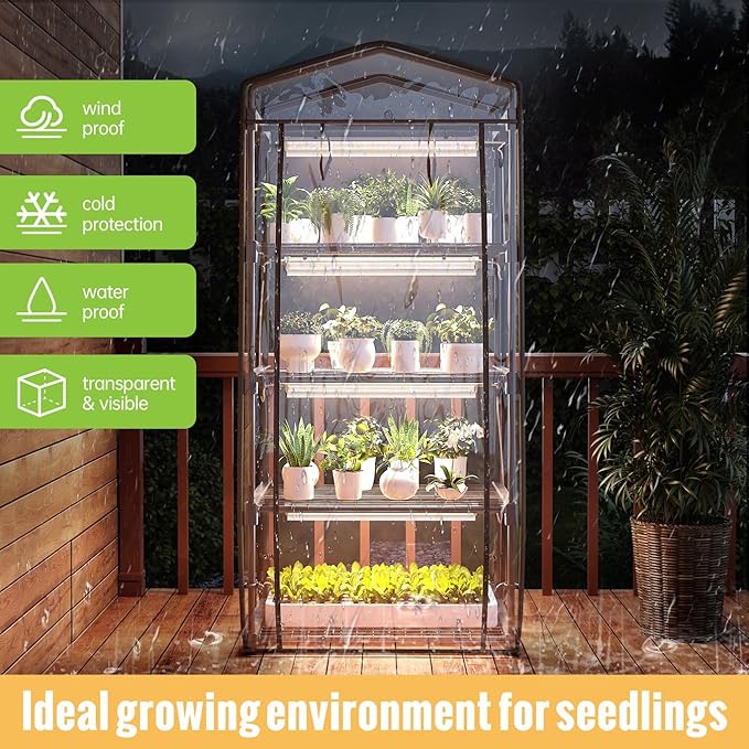 Indoor Greenhouse with Grow Light 4 Tier 1.6FT 80W Full Spectrum Grow Light with Timer Portable Plant Shelves with Waterproof PVC Cover for Seed Starting 26.4L X 19W X 61H