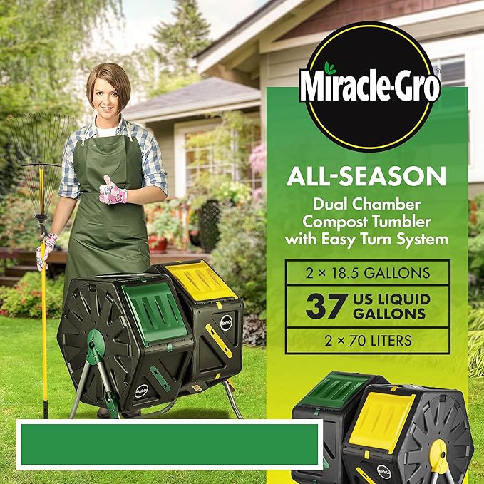 Miracle-Gro Dual Chamber Compost Tumbler – Easy-Turn Heavy-Duty Outdoor Bin Composter with 2 Sliding Doors (2x18.5 Gal/70L
