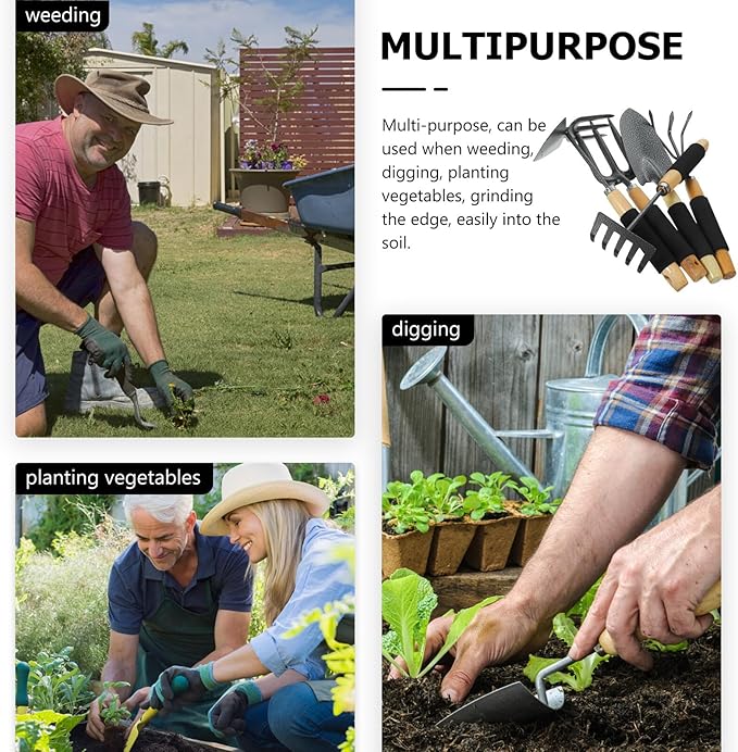 5pcs Garden Tools Set with Shovel Three-Prong Rake Five-Tooth Rake Dual-Head Hoe for Gardening and Planting Small Hand Tools Kit for Outdoor Yard and Flower Care
