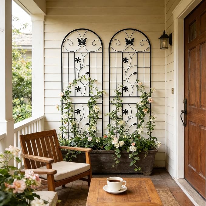 2 Pack Large Garden Trellis Heavy Duty Rustproof Iron Plant Trellis for Potted Plant Support Metal Climbing Rose Trellis Vine Vegetable CucumberBlack-71 H x 19.7 W