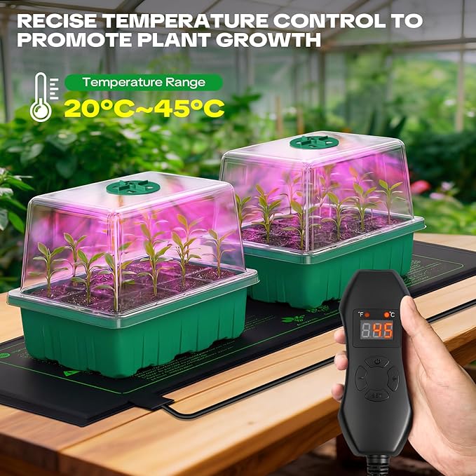 YAUNGEL Seed Starter Tray with Grow Light Heat Mat with Thermostat 5 Pack Seed Starter Kit with Timing Controller Adjustable Brightness Thicken Seedling Starter Trays with Humidity Domes