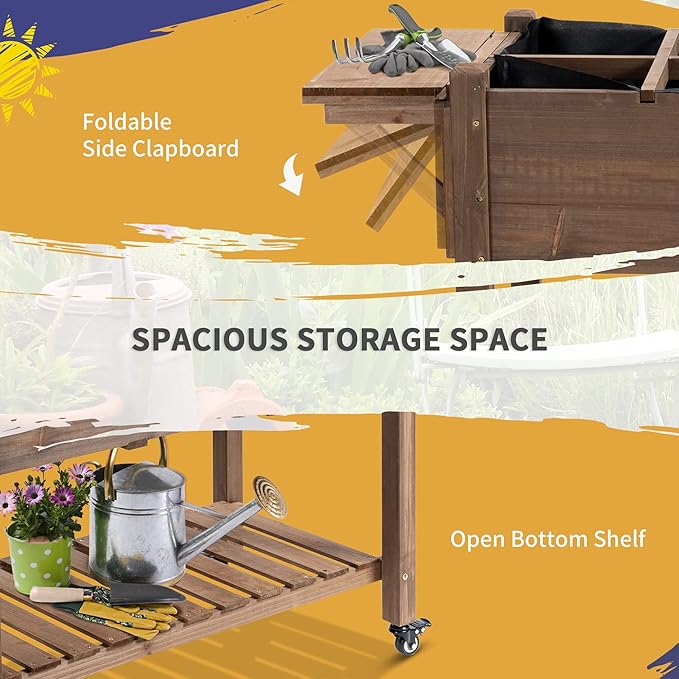 Outsunny Raised Garden Bed with 8 Grow Grids Wooden Outdoor Plant Box Stand with Folding Side Table and Wheels 49 x 21 x 34 for Vegetables Flowers Herbs Brown