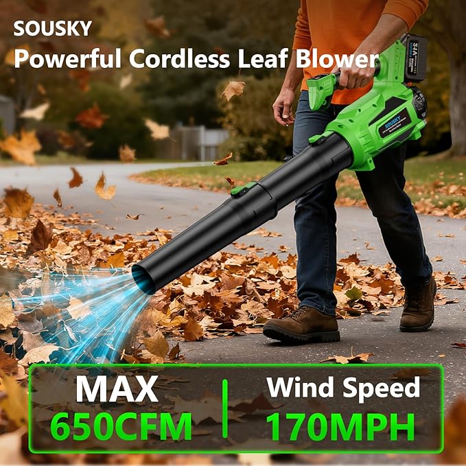 Leaf Blower Cordless Battery Leaf Blower with 2 * 6.0Ah Batteries and Charger 21V Brushless Electric Leaf Blowers with 5 Speed Levels and Turbo Mode for Lawn CareBlowing LeavesYard Cleanup