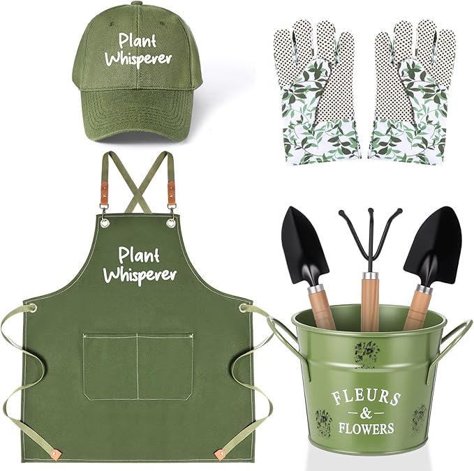 Tarpop Garden Tool Set Christmas Plant Whisperer Gardening Gifts for Women 7 Pcs Vegetable Planting Tool Kit Cap Canvas Apron Gloves Soil Scoop Transplant Trowel Cultivator Flower Tub(Green)
