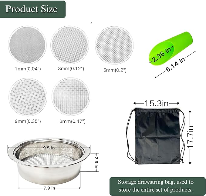Soil Sifter for Gardening Stainless Steel Sifting Pan Dirt Sifter 9.5in Rock Sifter with 5 Sieve Mesh Filter Sizes