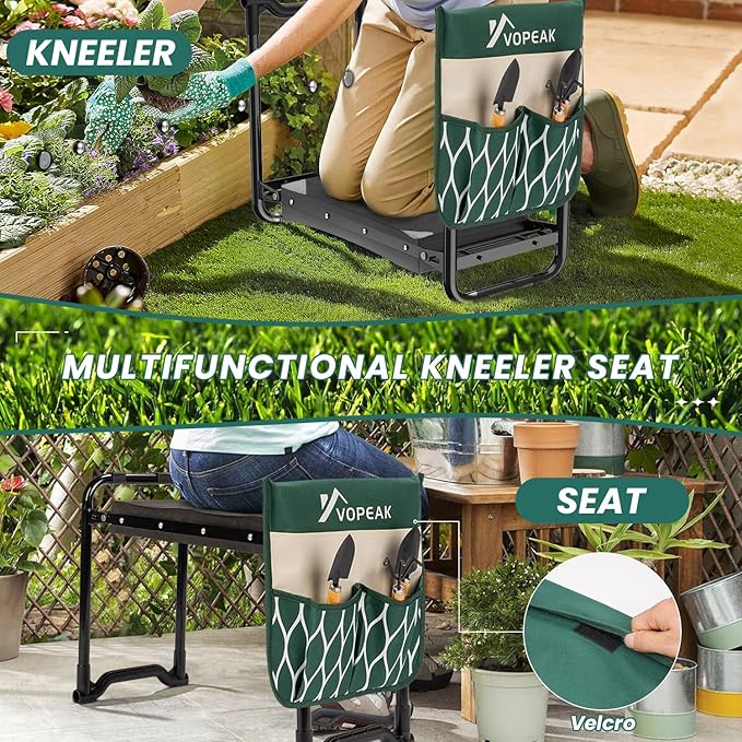 VOPEAK Garden Kneeler and Seat Heavy Duty Foldable Garden Stool with Upgraded Widened Thick Kneeling Pad Stable Garden Kneeler with 2 Large Tool Bags Gardening Gifts for Women Men Seniors Green