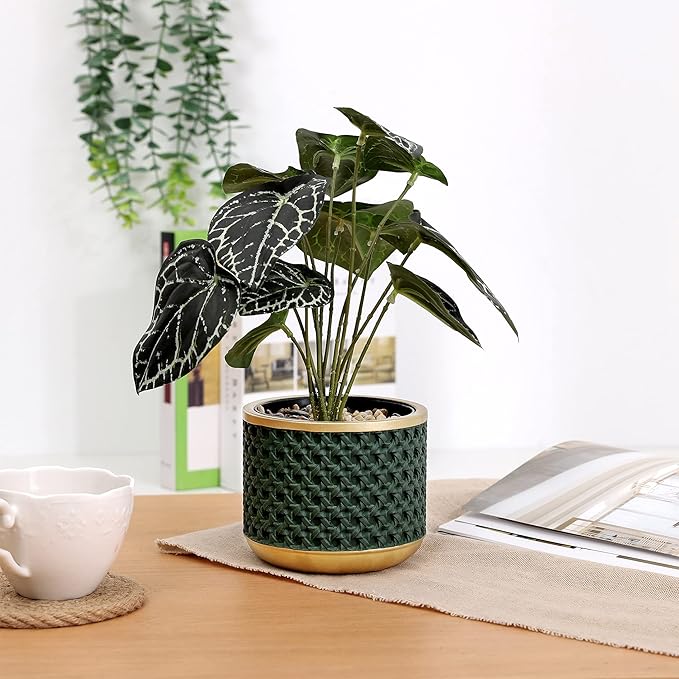 6&amp4.4 Inch Cement Planter Decorative Pots with Drainage Hole for All House Plants Succulents Flowers and Cactus (Gold Green)