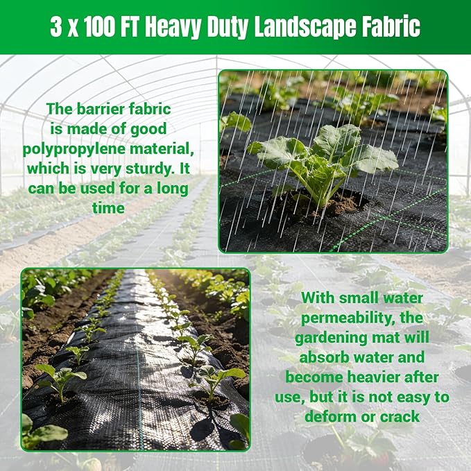Weed Barrier Fabric Planting Cover - 3 x 100 FT Heavy Duty Landscape Fabric Ground Cover Block for Outdoor Planting
