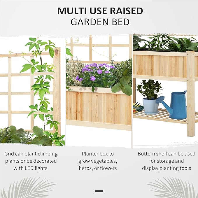 Outsunny 47'' Wooden Raised Garden Bed with Trellis Coutryside Style Elevated Planter Box Stand with Open Storage Shelf Spacious Planting Area for Vegetables Herbs Flowers