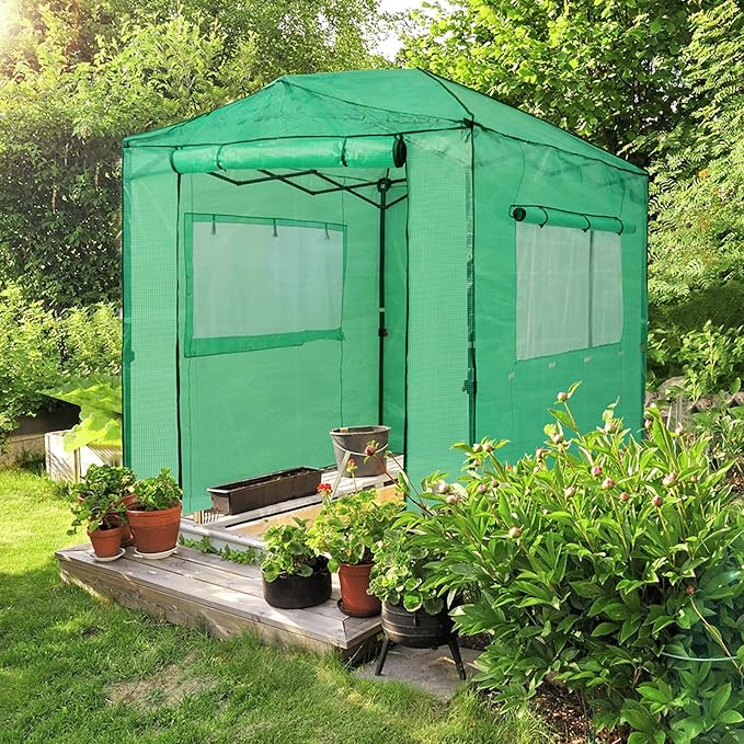 EAGLE PEAK Replacement Cover for 8x6 Portable Walk-in Pop up Greenhouse Front and Rear Roll-Up Zipper Entry Doors and 2 Large Roll-Up Side Windows (Frame Not Included) Green