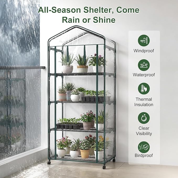 NEWBULIG Mini Greenhouse for Outdoors 4-Tier Portable Green House with Wheels and Clear PVC Cover All-Weather Plant House for Outside and Indoor27.17 x 19.29 x 65.35 Inches