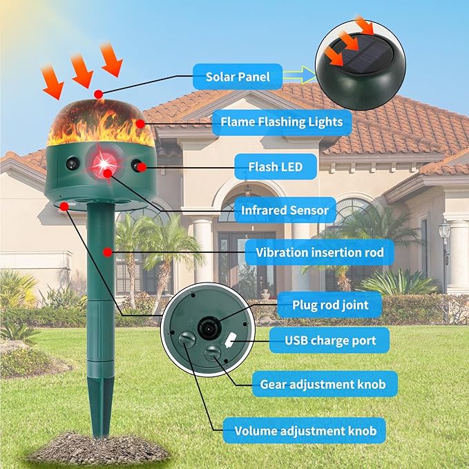 Ultrasonic Solar Animal Repeller for Yard 5 Modes Outdoor Cat Squirrel Repellent with Motion Sensor Flame Light Motor Vibration Deterrent for Deer Skunk Dog Snake Gophers for Yard Garden