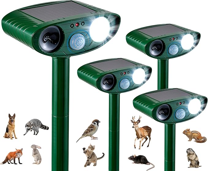 4 Pack Solar Animal Repeller for Raccoons Deer &amp Squirrels - Ultrasonic &amp Strobe Light Outdoor Deterrent for Cats Dogs Raccoons Rabbits Skunks Foxes &amp More