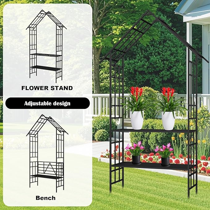 Metal Garden Arch Trellis for Climbing Plants Outdoor Rose Arbor with Bench Turned into Flower Stand Ceremony Decoration Archway with Planter for Wedding Events Lawn Patio Decor