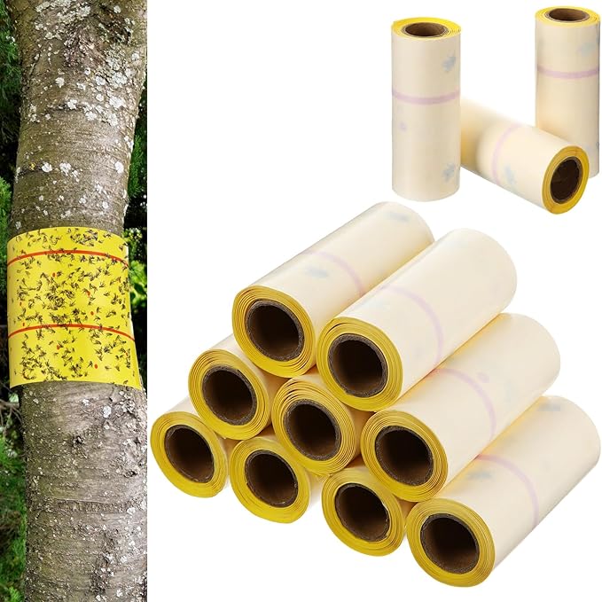 12 Rolls (30 Feet Each) Spotted Lantern Fly Tree Trap Outdoor Fruit Fly Sticky Strips Paper Ant Insect Sticky Barrier Tree Trunk Wraps to Protect Trees Plants Lawn Garden(Yellow and Red)
