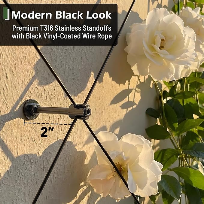 12-Set Black 5/64 (2mm) Wire Trellis for Climbing Plants Outdoor with 53ft Vinyl Coated Cable T316 Stainless Steel Wall Wire Trellis Kit