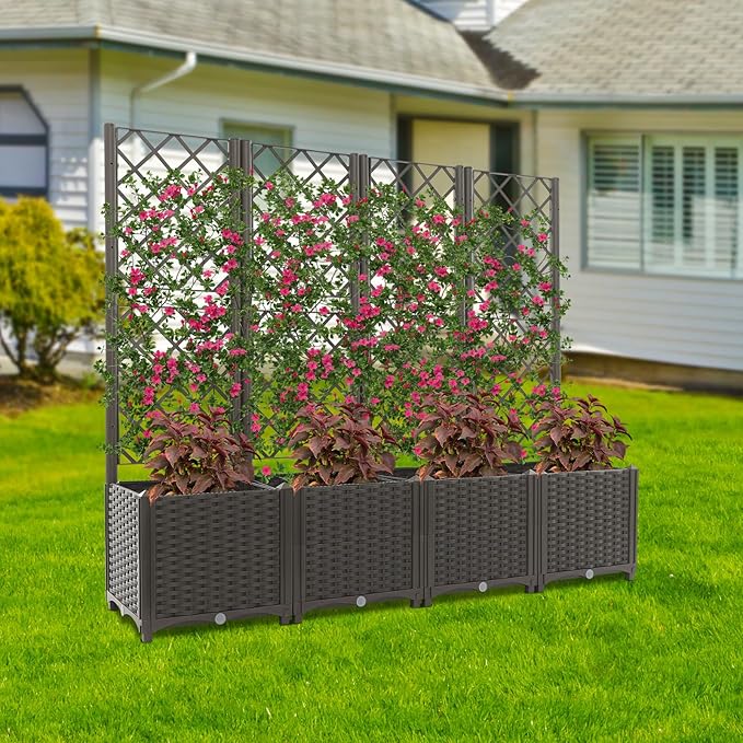 4 PCS Plastic Planter Box with Trellis Planter Box Raised Garden Bed with Trellis Planters for Climbing Plants Flowers Vegetables Fruits 62.99 × 15.75 × 55.91in (Dark Brown)