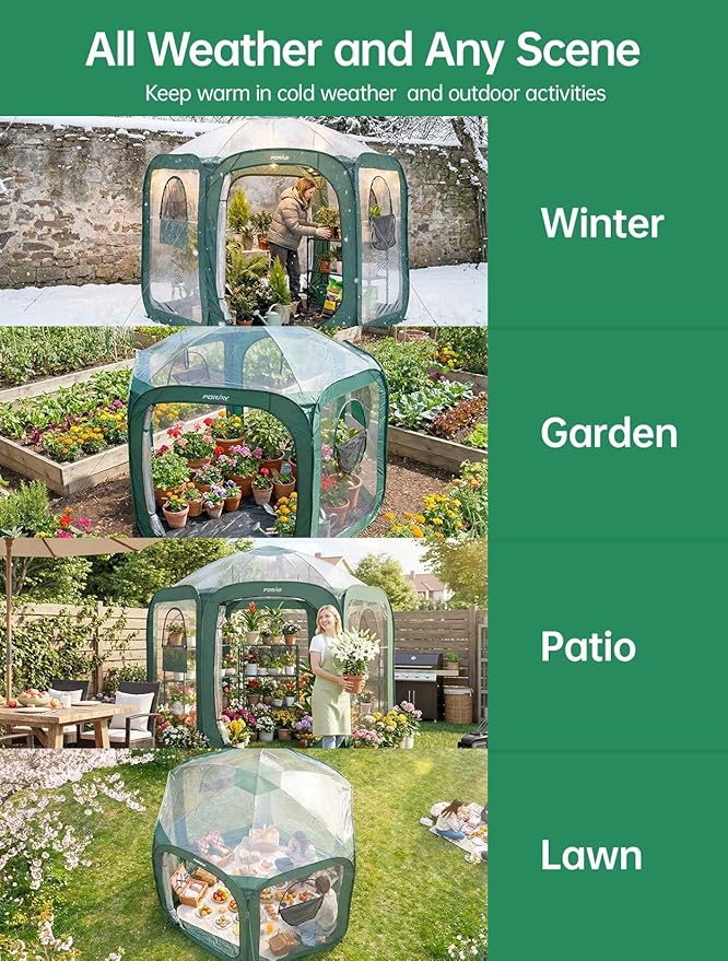 Porayhut Pop up Greenhouse TentPortable Large Walk-in Plant House 10’X10’ Indoor Outdoor Gardening Plant Sunshine Room with PVC Mesh Cloth Cover for Protecting Plant from Cold Frost &amp Birds