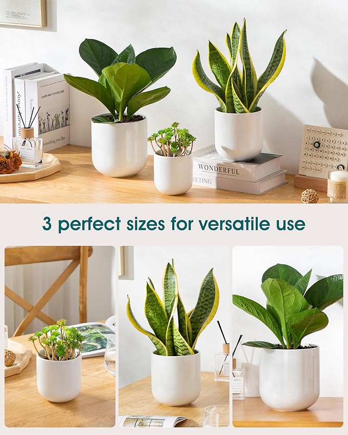 vancasso Ceramic Plant Pots 4+5+6 inches Set of 3 Planters with Drainage Hole Flower Pots Planters Pots for Indoor Plants Modern Indoor Decorative Garden Pot Home Decor White
