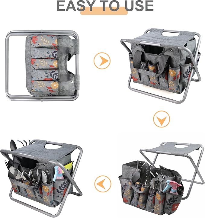 MDSTOP Folding Gardening Stool with Detachable Storage Tote Bag Gardening Tools Set Organizer for Fishing Outdoor Sports Hiking Camping Garden Gardening Gifts for Mom/Dad Without Tools (Aluminum)