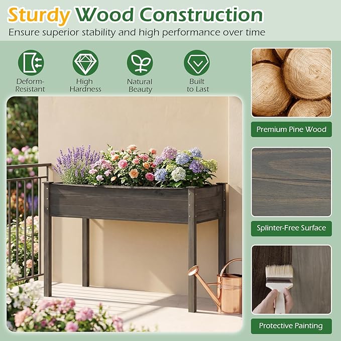 Giantex Wooden Raised Garden Bed Solid Pine Wood Planter Box w/Legs Drainage Holes Black Liner Outdoor Indoor Elevated Planter Box Stand for Patio Garden Lawn Greenhouse 47 x 23 x 30