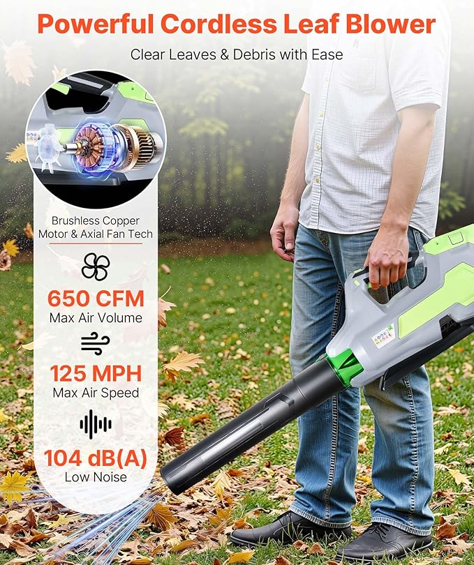 VEVOR 60V Cordless Leaf Blower with Brushless Motor 650 CFM/125 MPH Battery Powered Electric Leaf Blowers for Lawn Care with 5Ah Battery and Fast Charger 3 Speed Control