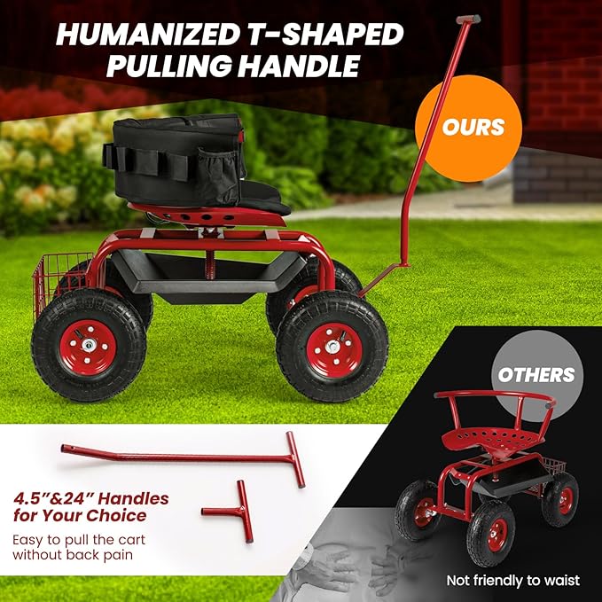 Garden Cart on Wheels 360° Swivel Rolling Outdoor Workseat with Washable Cushion &amp Dual Handles Height Adjustable Garden Stool for Patio Yard (Red)
