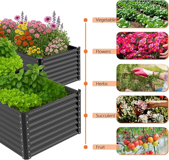 VINGLI Galvanized Raised Garden Beds Outdoor 6x3x2 Ft 8x4x2 Ft Lager Metal Planter Raised Beds for Planting Vegetables Flowers Herb (6 * 3 * 2（Square）)