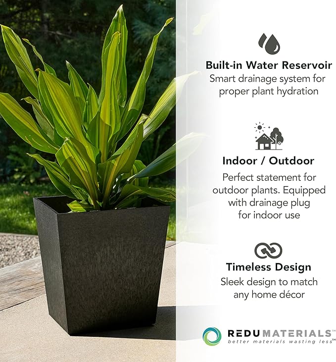 Tierra Verde 2-Pack Indoor &amp Outdoor Self-Watering Square Planters Small Sonata Black - Planter Containers for Plants and Flowers - Gardening and Landscaping Accessories