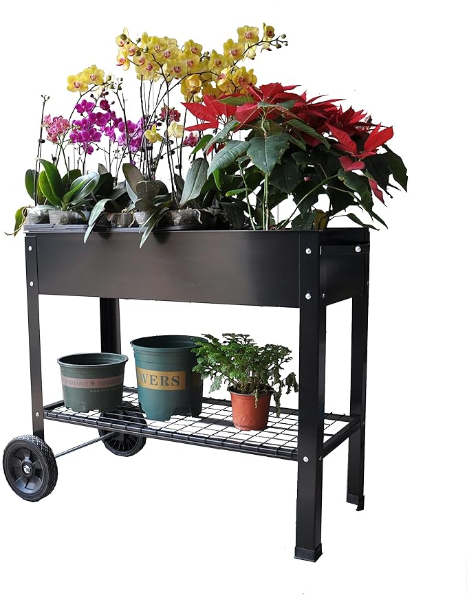 Mobile Metal Raised Garden Bed Cart on WheelsElevated Tall Planter Box for Outdoor Indoors House Patio Backyard Vegetables Flower Herb Patio Grow (Black)