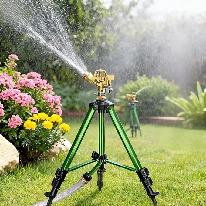 2 Pack Impact Sprinkler on Tripod Base 360° Adjustable Brass Sprinkler Head with Stakes Heavy Duty Metal Tripod Lawn Sprinkler for Large Area Lawn Yard &amp Garden Irrigation