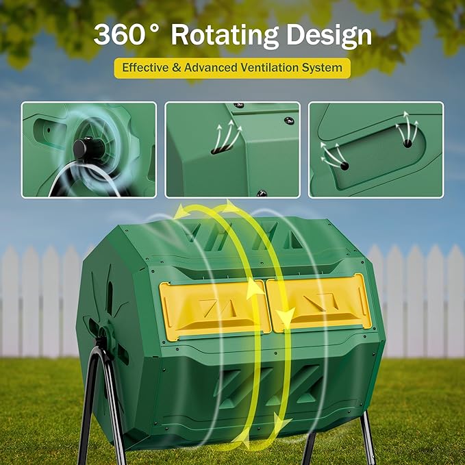 JupiterForce Outdoor Dual Chamber Compost Tumbler 43 Gallon Large Compost Bin Outdoor 360° Rotating Tumbling Composter with 2 Sliding Doors for Kitchen Garden and Yard Waste Green (BPA Free)
