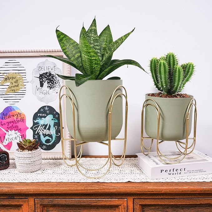 JHY DESIGN Set of 2 Planters with Stand Indoor Outdoor Metal Plant Stand 11.5/8 H Modern Planters Flower Pots for Living Room Corner Kitchen Office Garden Balcony Patio Decor(Green)
