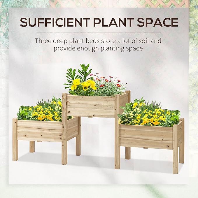 Raised Garden Bed with 3 Planter Boxes Two-Tier Elevated Wooden Plant Stand with Drainage Holes for Vegetables Herbs and Flowers Natural Wood
