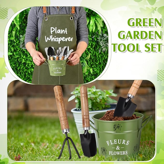 Tarpop Garden Tool Set Christmas Plant Whisperer Gardening Gifts for Women 7 Pcs Vegetable Planting Tool Kit Cap Canvas Apron Gloves Soil Scoop Transplant Trowel Cultivator Flower Tub(Green)