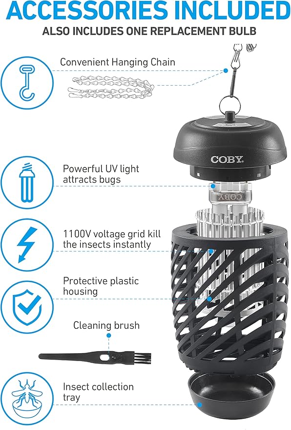 Coby Bug Zapper for Outdoor &amp Indoor 10W Covers 800 Sq. Feet Non-Toxic Chemical-Free Black (CBZ1J6)