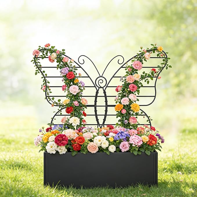 Metal Planter Box with Trellis Metal Raised Garden Bed with Drainage Holes Butterfly-Shaped Planters for Outdoor Garden Box for Climbing Plants Vegetables and Vines (Black)